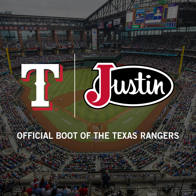 A lock-up logo of Justin’s logo and The Texas Rangers logo with the words “Official Boots of the Texas Rangers” with a picture of Globe Life Field in the background.